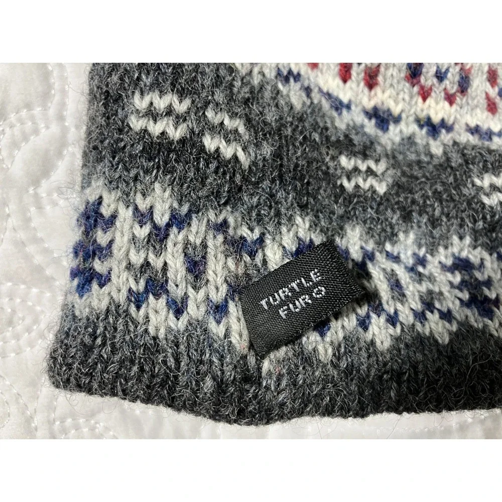 Vintage Turtle Fur Fair Isle Wool Blend Knit Beanie Hat Gray XL Pom Winter USA